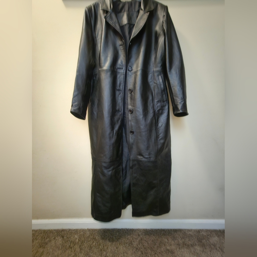 Lambskin Leather long trench coat black